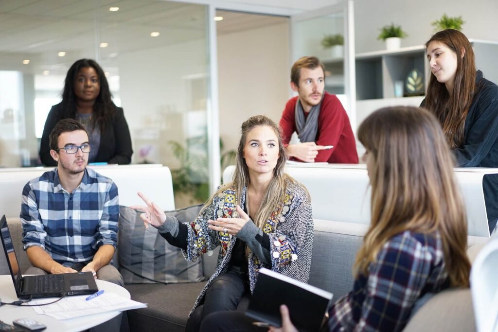 Colleagues talking in the workplace