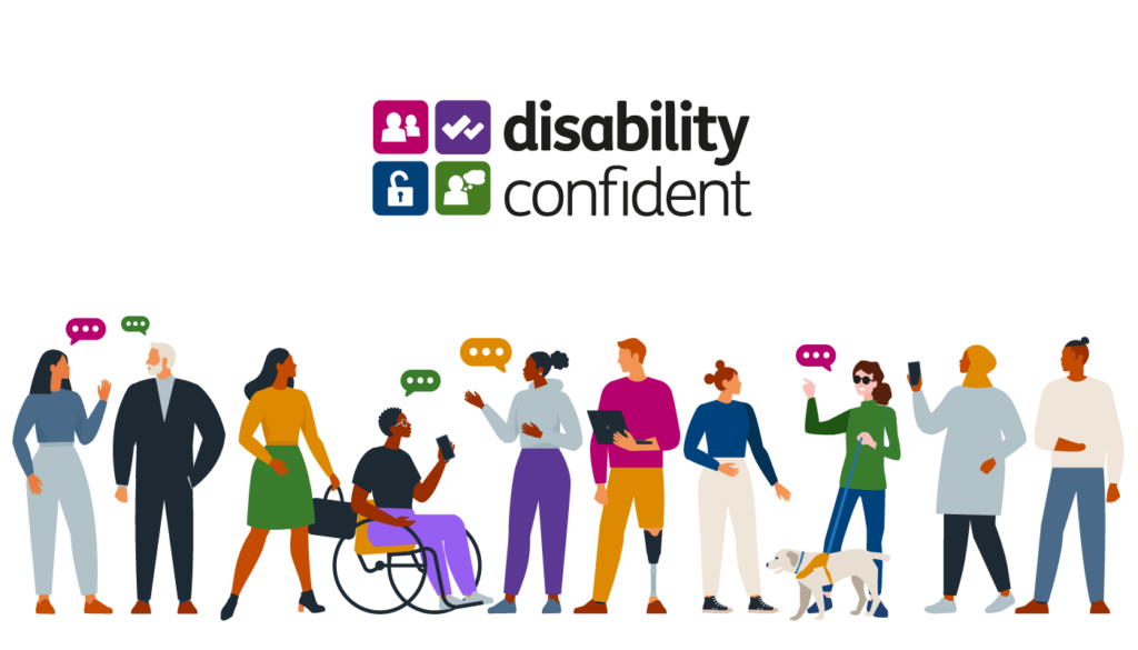 Disability Confident logo with illustration of group of people talking. 